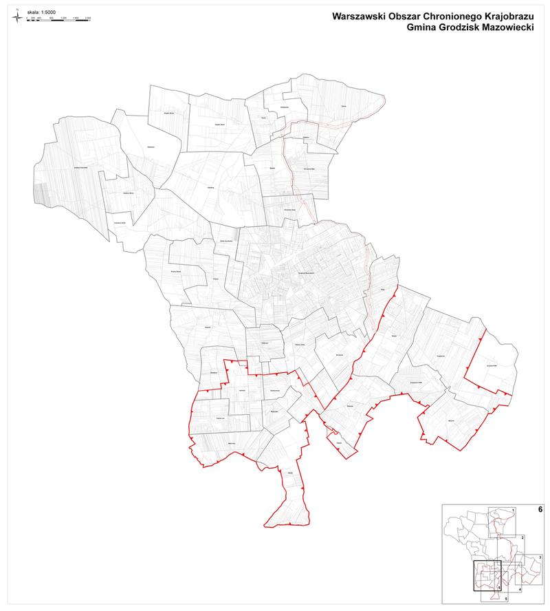 Mapa granic obszaru chronionego w Warszawskim Obszarze Chronionego Krajobrazu